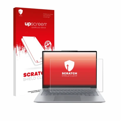 Parte frontal de un envase de producto con el logotipo de la marca upscreen. Al lado se muestra el dispositivo Lenovo ThinkBoo