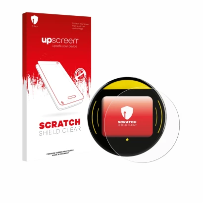 Parte frontal de un envase de producto con el logotipo de la marca upscreen. Al lado se muestra el dispositivo Nayax Onyx con