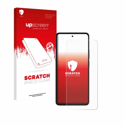 Parte frontal de un envase de producto con el logotipo de la marca upscreen. Al lado se muestra el dispositivo realme 14 con s