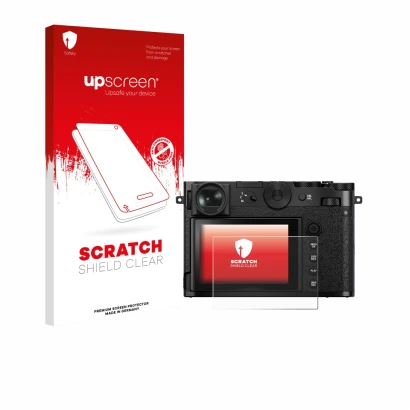 Parte frontal de un envase de producto con el logotipo de la marca upscreen. Al lado se muestra el dispositivo Fujifilm GFX 10