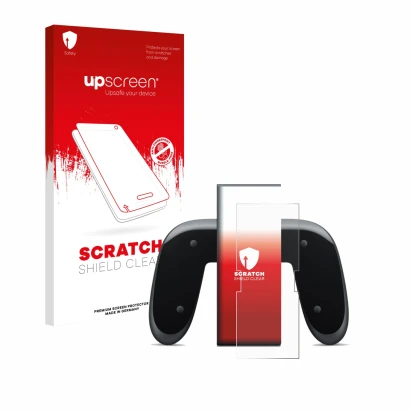 Parte frontal de un envase de producto con el logotipo de la marca upscreen. Al lado se muestra el dispositivo Nintendo Switch