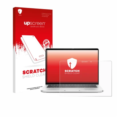 Parte frontal de un envase de producto con el logotipo de la marca upscreen. Al lado se muestra el dispositivo Dell Pro 13 Plu