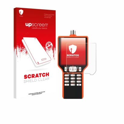 Parte frontal de un envase de producto con el logotipo de la marca upscreen. Al lado se muestra el dispositivo RigExpert MATCH