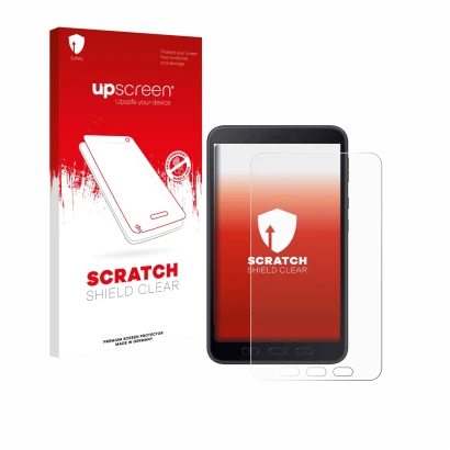 Parte frontal de un envase de producto con el logotipo de la marca upscreen. Al lado se muestra el dispositivo Samsung Galaxy
