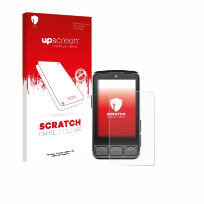 Parte frontal de un envase de producto con el logotipo de la marca upscreen. Al lado se muestra el dispositivo Wahoo Elemnt Ro