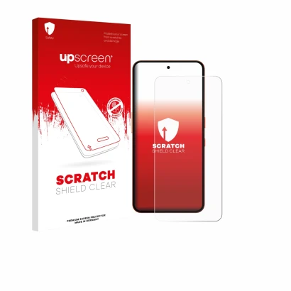 Parte frontal de un envase de producto con el logotipo de la marca upscreen. Al lado se muestra el dispositivo Nothing CMF Pho