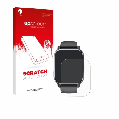 Parte frontal de un envase de producto con el logotipo de la marca upscreen. Al lado se muestra el dispositivo Poounur T80 1.9