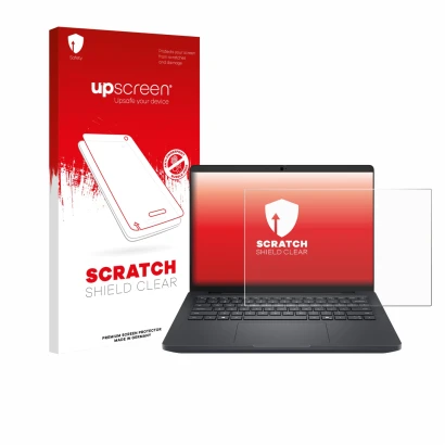 Parte frontal de un envase de producto con el logotipo de la marca upscreen. Al lado se muestra el dispositivo Dell Pro Max 14