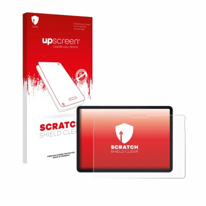 Parte frontal de un envase de producto con el logotipo de la marca upscreen. Al lado se muestra el dispositivo Microsoft Surfa