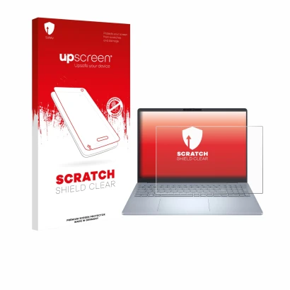 Parte frontal de un envase de producto con el logotipo de la marca upscreen. Al lado se muestra el dispositivo Dell 16 Plus La