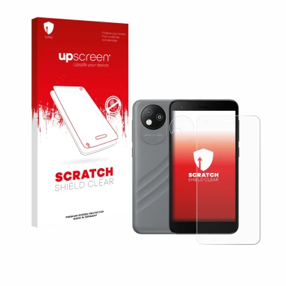 Parte frontal de un envase de producto con el logotipo de la marca upscreen. Al lado se muestra el dispositivo ZTE Blade A35 l