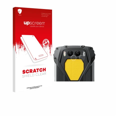 Parte frontal de un envase de producto con el logotipo de la marca upscreen. Al lado se muestra el dispositivo Blackview BV730