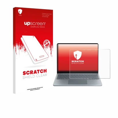 Parte frontal de un envase de producto con el logotipo de la marca upscreen. Al lado se muestra el dispositivo Microsoft Surfa