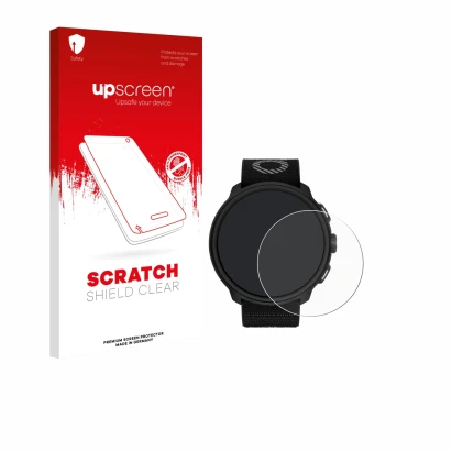 Parte frontal de un envase de producto con el logotipo de la marca upscreen. Al lado se muestra el dispositivo Suunto Run con