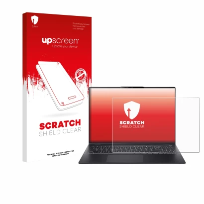Parte frontal de un envase de producto con el logotipo de la marca upscreen. Al lado se muestra el dispositivo Acer Swift 16 A