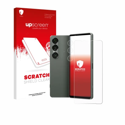 Parte frontal de un envase de producto con el logotipo de la marca upscreen. Al lado se muestra el dispositivo Sony Xperia 1 V