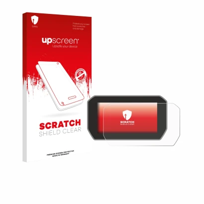 Parte frontal de un envase de producto con el logotipo de la marca upscreen. Al lado se muestra el dispositivo Ducati V4 Rally