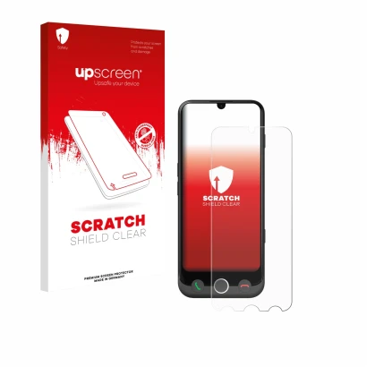 Parte frontal de un envase de producto con el logotipo de la marca upscreen. Al lado se muestra el dispositivo Doro Aurora A30