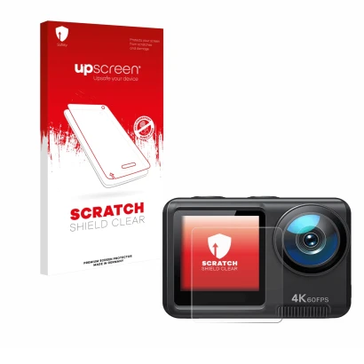 Parte frontal de un envase de producto con el logotipo de la marca upscreen. Al lado se muestra el dispositivo Wolfang GA420 c