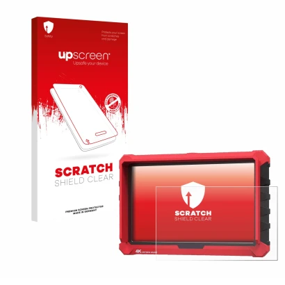 Parte frontal de un envase de producto con el logotipo de la marca upscreen. Al lado se muestra el dispositivo Lilliput A7s 7"