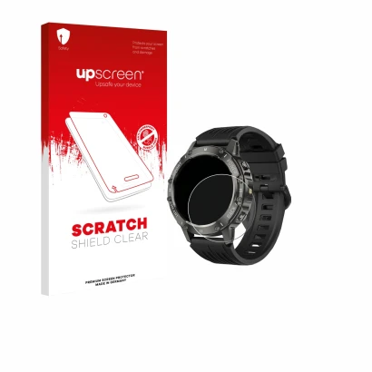Parte frontal de un envase de producto con el logotipo de la marca upscreen. Al lado se muestra el dispositivo TIMU S81 1.39" 