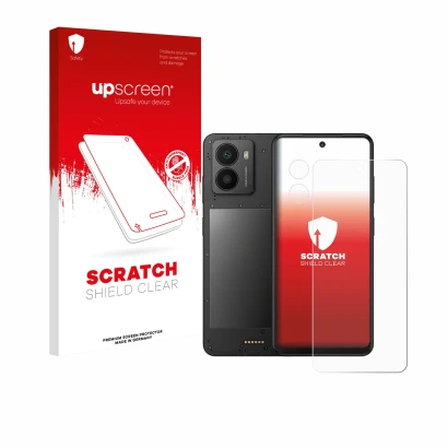 Parte frontal de un envase de producto con el logotipo de la marca upscreen. Al lado se muestra el dispositivo Xplora HMD Fusi