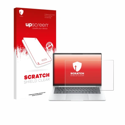 Parte frontal de un envase de producto con el logotipo de la marca upscreen. Al lado se muestra el dispositivo HP EliteBook 8