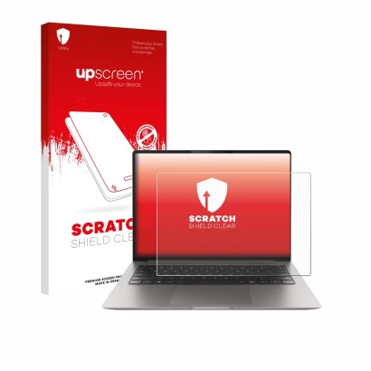 Parte frontal de un envase de producto con el logotipo de la marca upscreen. Al lado se muestra el dispositivo Honor MagicBook