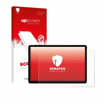 Parte frontal de un envase de producto con el logotipo de la marca upscreen. Al lado se muestra el dispositivo Doogee Tab G6 c