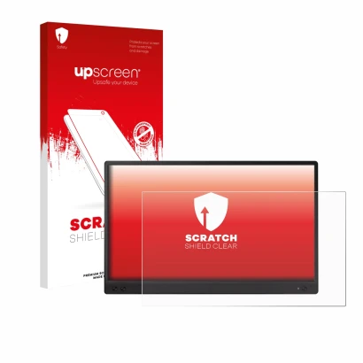Parte frontal de un envase de producto con el logotipo de la marca upscreen. Al lado se muestra el dispositivo ASUS ZenScreen 
