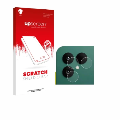 Parte frontal de un envase de producto con el logotipo de la marca upscreen. Al lado se muestra el dispositivo Fairphone 6 (SÓ
