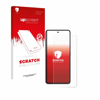 Parte frontal de un envase de producto con el logotipo de la marca upscreen. Al lado se muestra el dispositivo realme P3 5G co