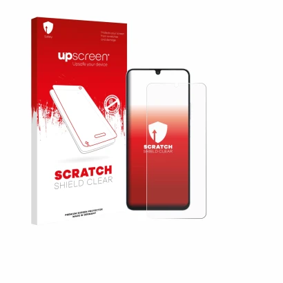 Parte frontal de un envase de producto con el logotipo de la marca upscreen. Al lado se muestra el dispositivo Blackview Shark