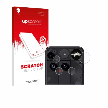 Parte frontal de un envase de producto con el logotipo de la marca upscreen. Al lado se muestra el dispositivo Nothing Phone (