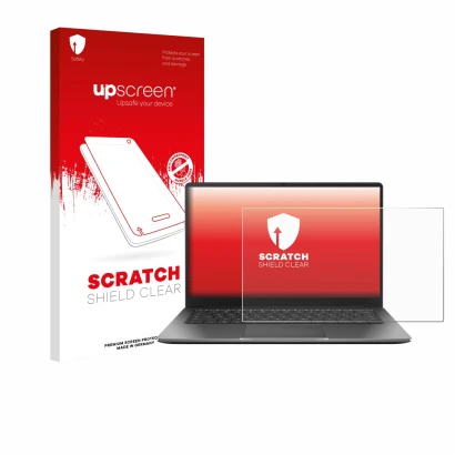 Parte frontal de un envase de producto con el logotipo de la marca upscreen. Al lado se muestra el dispositivo ASUS Chromebook