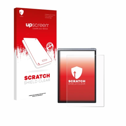 Parte frontal de un envase de producto con el logotipo de la marca upscreen. Al lado se muestra el dispositivo iflytek Ainote