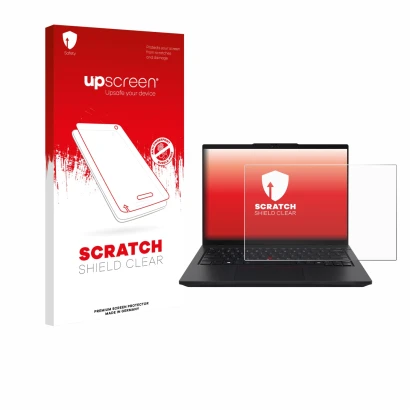Parte frontal de un envase de producto con el logotipo de la marca upscreen. Al lado se muestra el dispositivo Lenovo ThinkPad