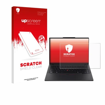 Parte frontal de un envase de producto con el logotipo de la marca upscreen. Al lado se muestra el dispositivo Lenovo ThinkPad