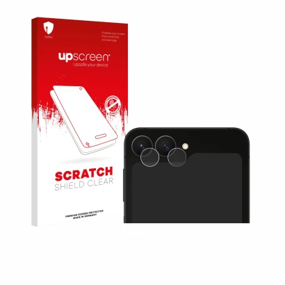 Parte frontal de un envase de producto con el logotipo de la marca upscreen. Al lado se muestra el dispositivo Samsung Galaxy