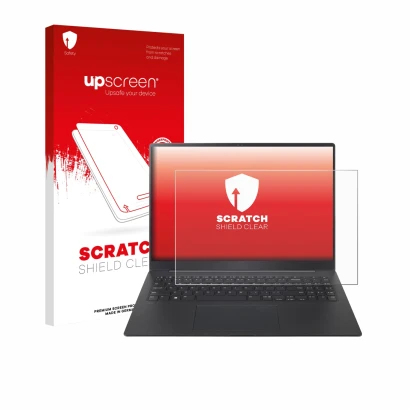 Parte frontal de un envase de producto con el logotipo de la marca upscreen. Al lado se muestra el dispositivo LG gram Pro 16