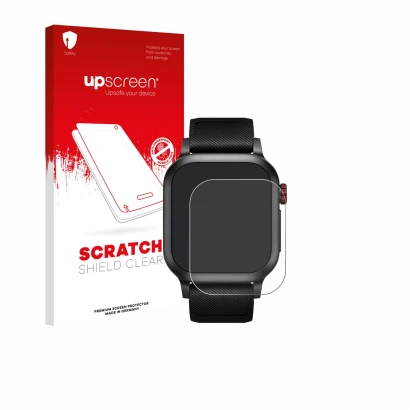 Parte frontal de un envase de producto con el logotipo de la marca upscreen. Al lado se muestra el dispositivo Haylou Iron Neo