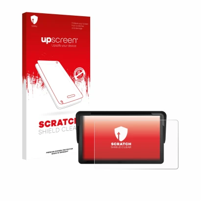 Parte frontal de un envase de producto con el logotipo de la marca upscreen. Al lado se muestra el dispositivo Carpuride V3 7"
