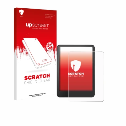 Parte frontal de un envase de producto con el logotipo de la marca upscreen. Al lado se muestra el dispositivo Amazon Kindle C