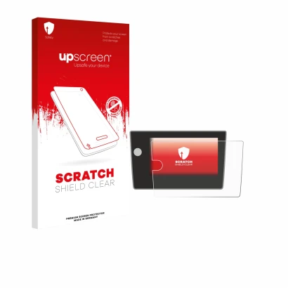 Parte frontal de un envase de producto con el logotipo de la marca upscreen. Al lado se muestra el dispositivo Volkswagen Polo