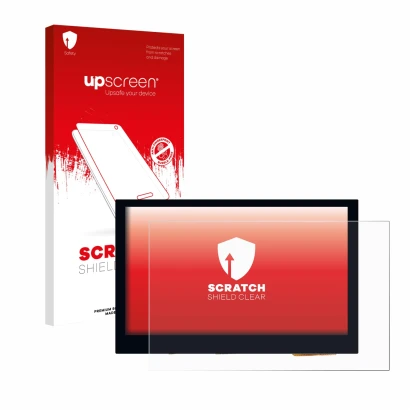 Parte frontal de un envase de producto con el logotipo de la marca upscreen. Al lado se muestra el dispositivo Waveshare 4.3"