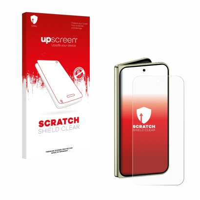 Parte frontal de un envase de producto con el logotipo de la marca upscreen. Al lado se muestra el dispositivo Google Pixel 10