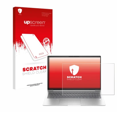 Parte frontal de un envase de producto con el logotipo de la marca upscreen. Al lado se muestra el dispositivo HP EliteBook 6
