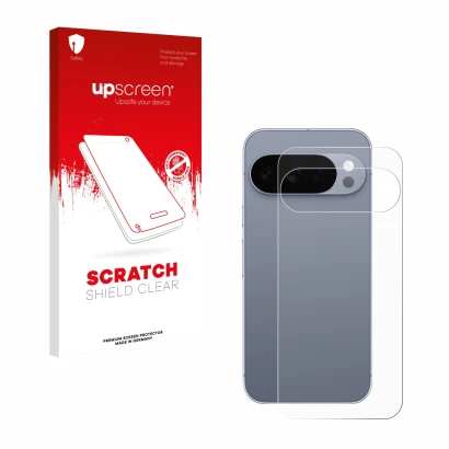 Parte frontal de un envase de producto con el logotipo de la marca upscreen. Al lado se muestra el dispositivo Google Pixel 10