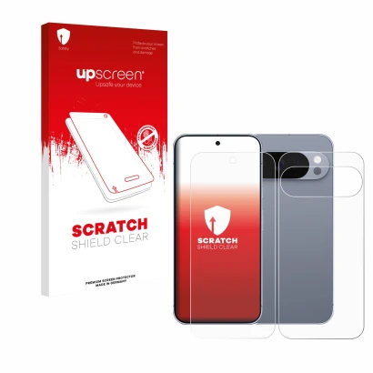 Parte frontal de un envase de producto con el logotipo de la marca upscreen. Al lado se muestra el dispositivo Google Pixel 10