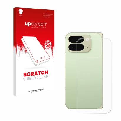Parte frontal de un envase de producto con el logotipo de la marca upscreen. Al lado se muestra el dispositivo Google Pixel 10